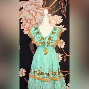 Papa Pia Dainty Boho Embroidered Tassel-Front Mini Dress in Aqua